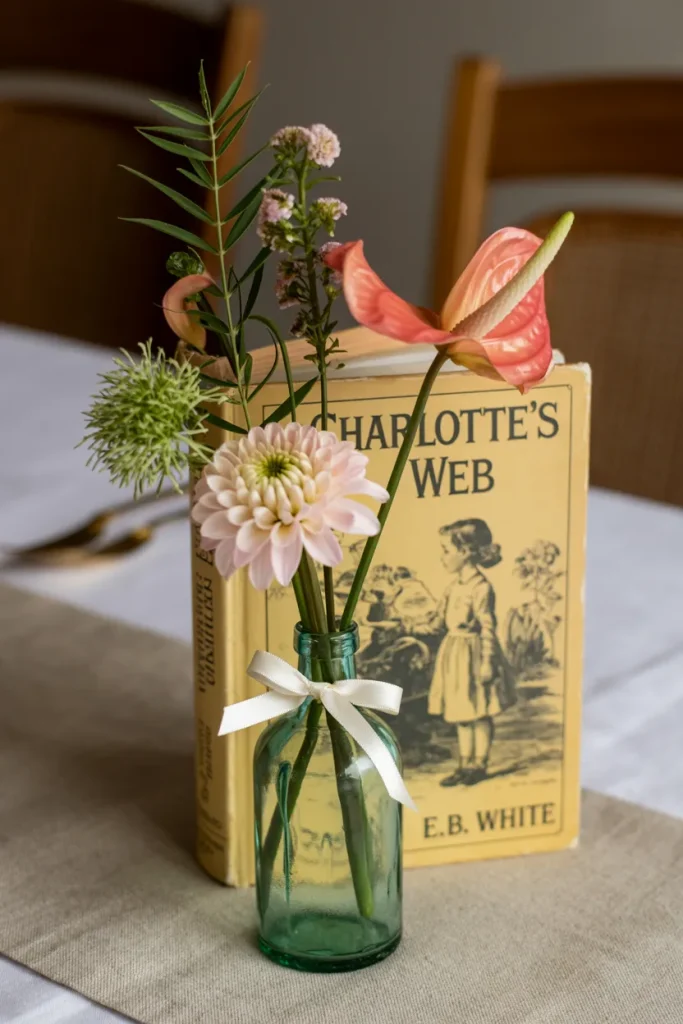 Charlotte's Web book displayed with blush flowers in a vintage bottle for a storybook baby shower centerpiece