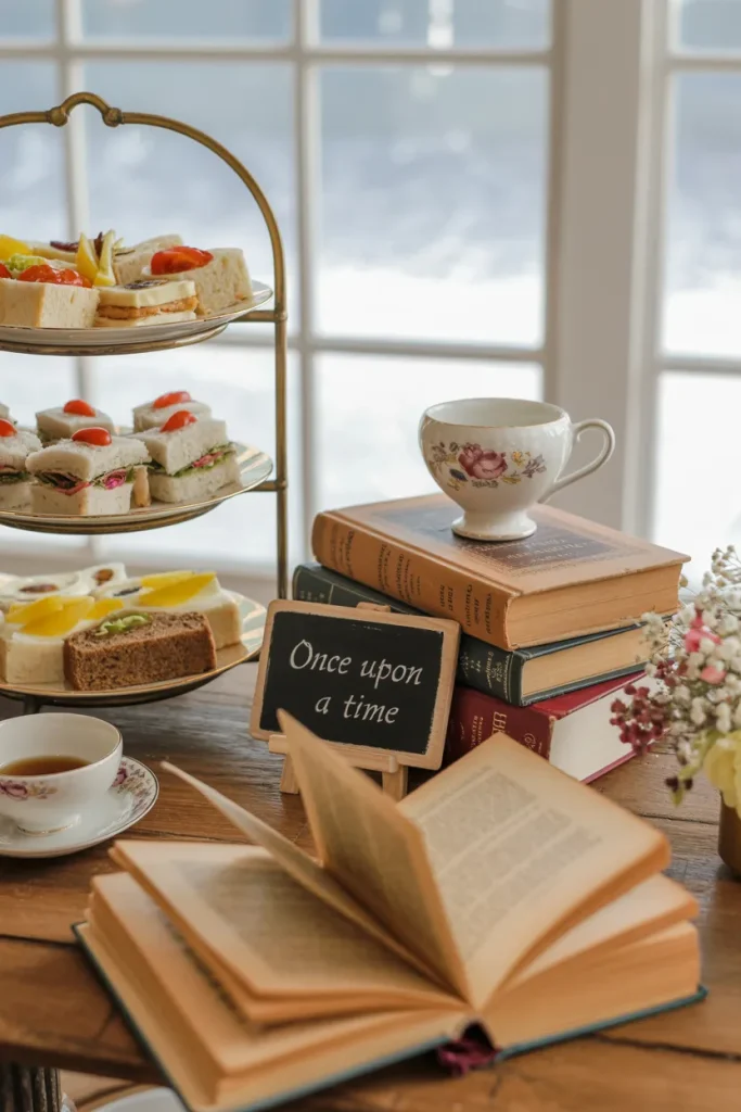 Brunch table styled with vintage books, tea sandwiches, flowers, and tiered trays for a storybook baby shower
