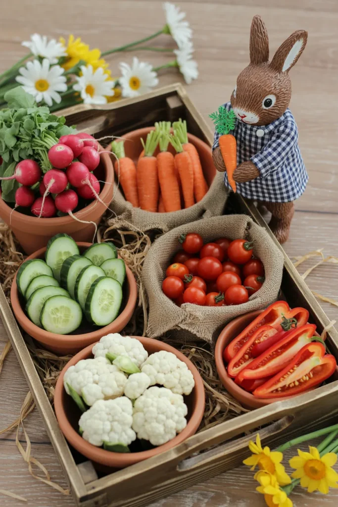 Rustic vegetable snack display with bunny decoration for a whimsical storybook baby shower