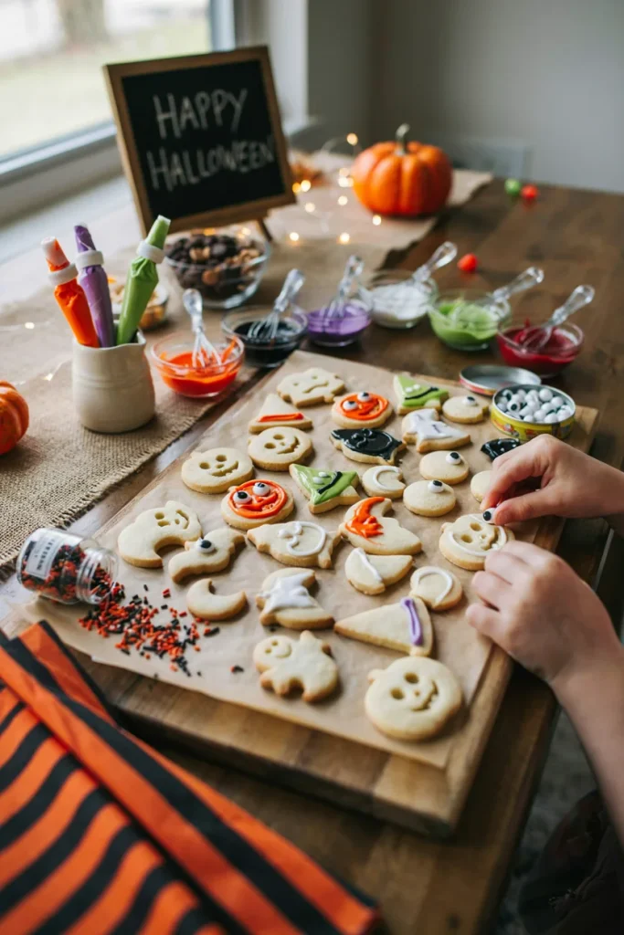 Kids' hands decorating plain cookies with frosting, candy eyes, and sprinkles at a craft station