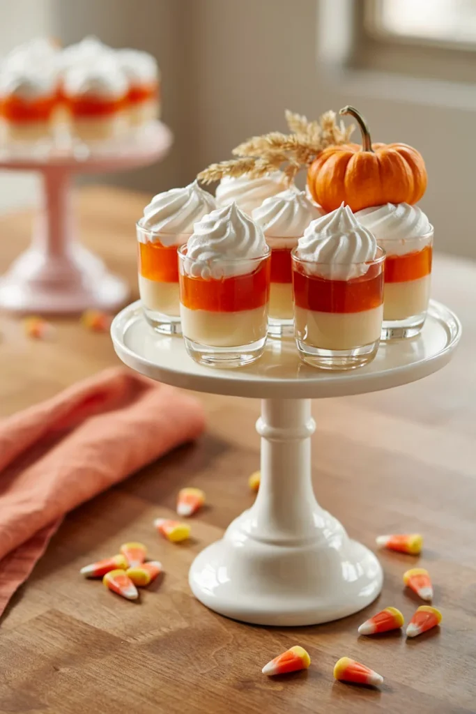 Small clear cups layered with orange Jell-O, vanilla pudding, and whipped cream to mimic candy corn stripes