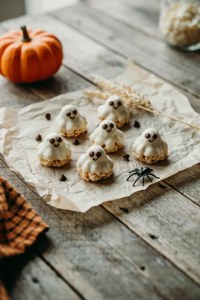 White chocolate-dipped Rice Krispie treats cut into ghost shapes with mini chocolate chip faces