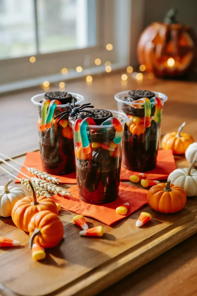 Clear plastic cups layered with chocolate pudding, crushed Oreos, candy pumpkins, and a gummy worm