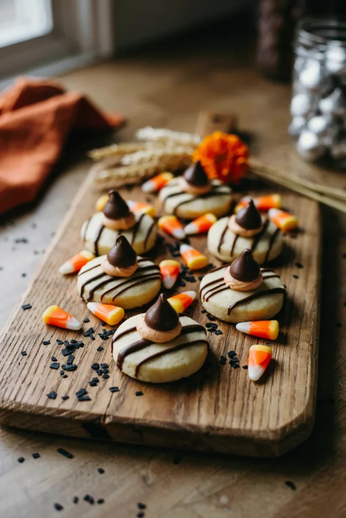 Fudge stripe cookies topped with a Hershey's Kiss and a dab of orange frosting, arranged like witch hats