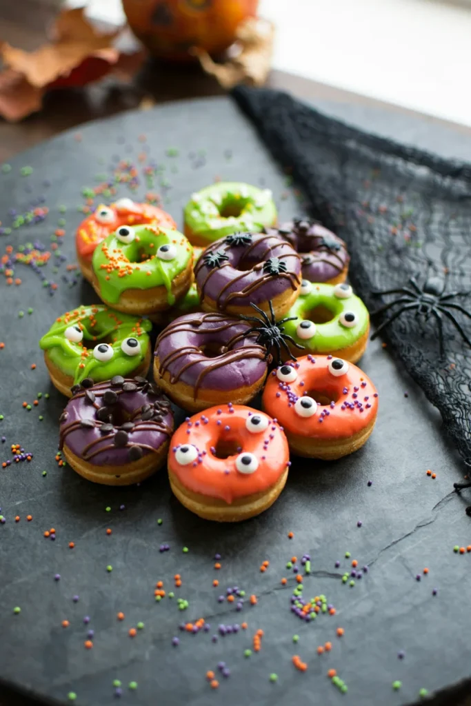 Mini donuts topped with neon green and purple frosting, candy eyeballs, and chocolate drizzle