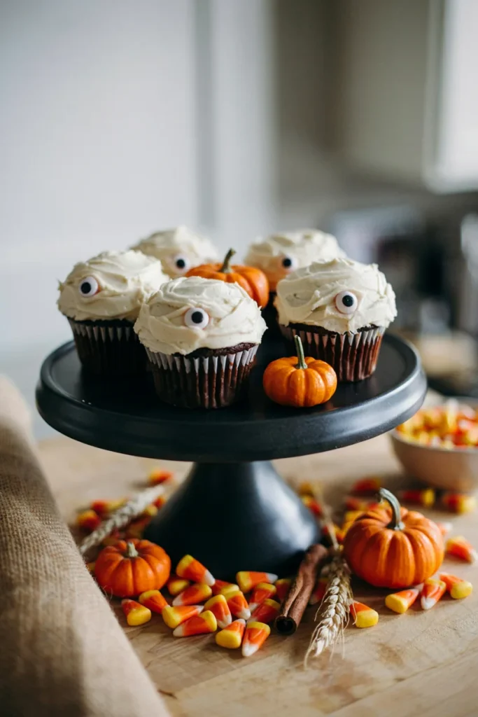 Close-up of chocolate cupcakes wrapped in white icing 'bandages' with candy eyeballs peeking through