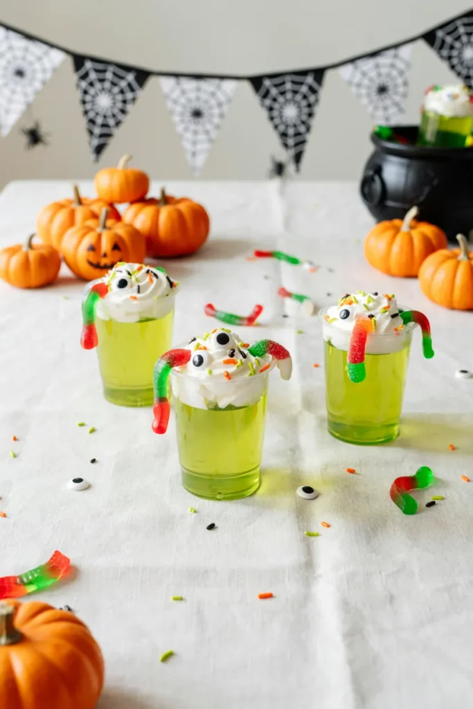 Clear cups of green Jell-O with gummy worms and candy eyeballs stuck to the outside