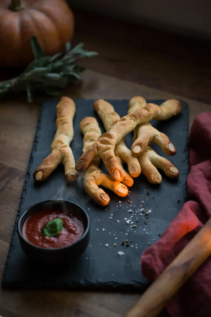 Baked breadstick 'witch fingers' with almond nail tips, served with a small bowl of marinara
