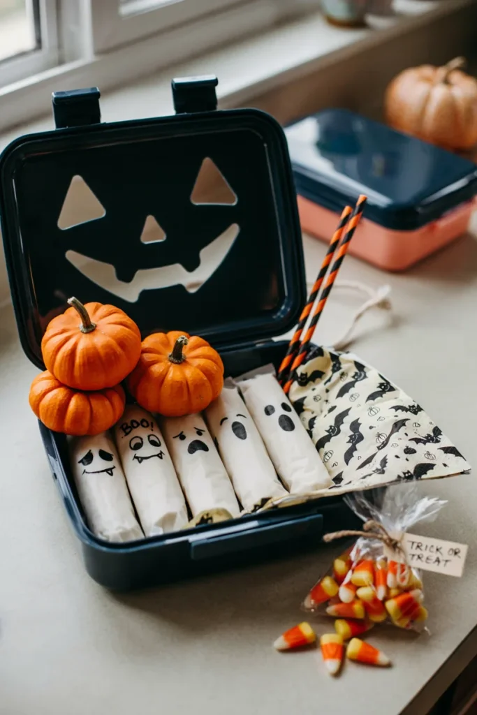 Individually wrapped string cheese sticks with hand-drawn ghost faces in black marker