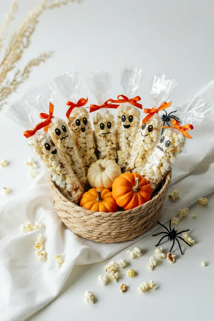 Clear treat bags filled with popcorn, drawn with marker ghost faces, tied with orange ribbon
