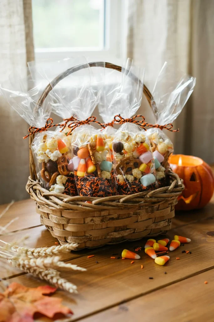 Clear treat bags filled with popcorn, pretzels, candy corn, and chocolate chips, tied with orange and black twine