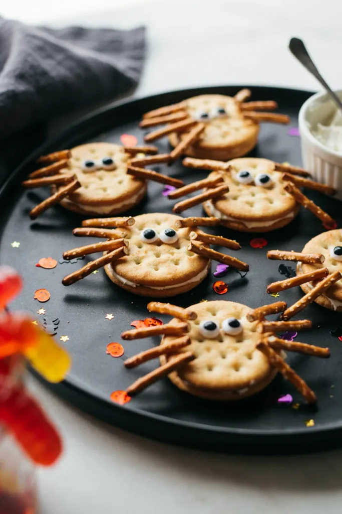 Ritz cracker sandwiches with pretzel stick legs and candy eyes, styled like spiders