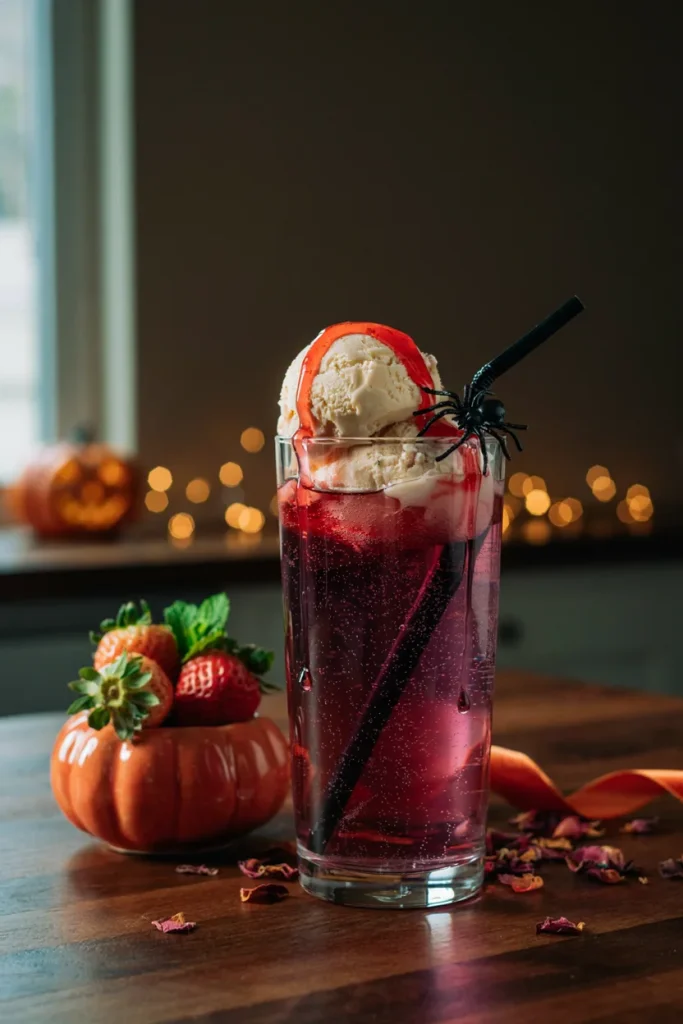 Vanilla ice cream float in grape soda drizzled with red strawberry syrup, in a tall glass with a black straw