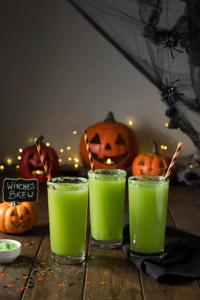 Bright green juice in a cup rimmed with green sanding sugar and an orange-and-black striped straw