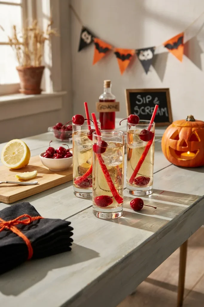 Sprite with grenadine and a maraschino cherry in a clear tumbler with a red licorice straw