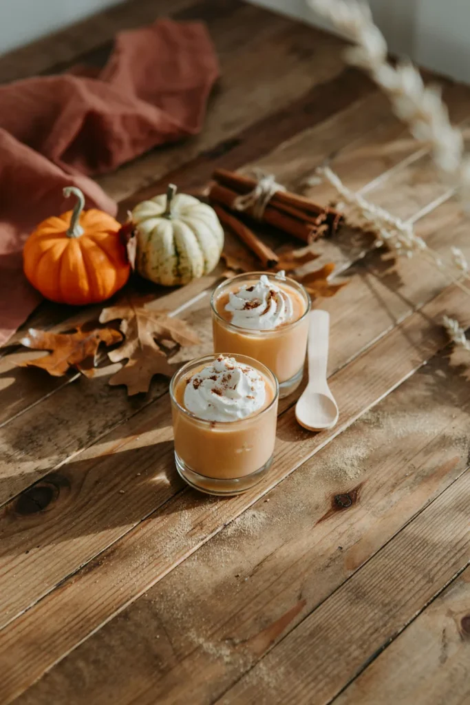 Small cups of orange pumpkin smoothie topped with whipped cream and a dash of nutmeg