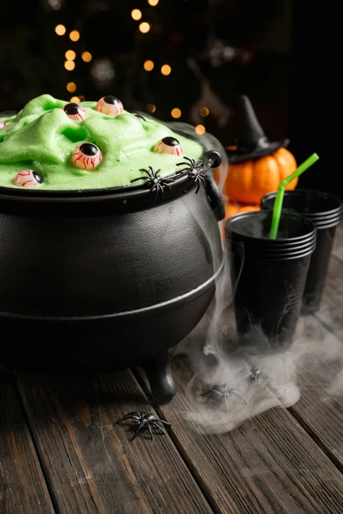 Green punch in a cauldron-style bowl with floating gummy eyeballs and dry ice fog