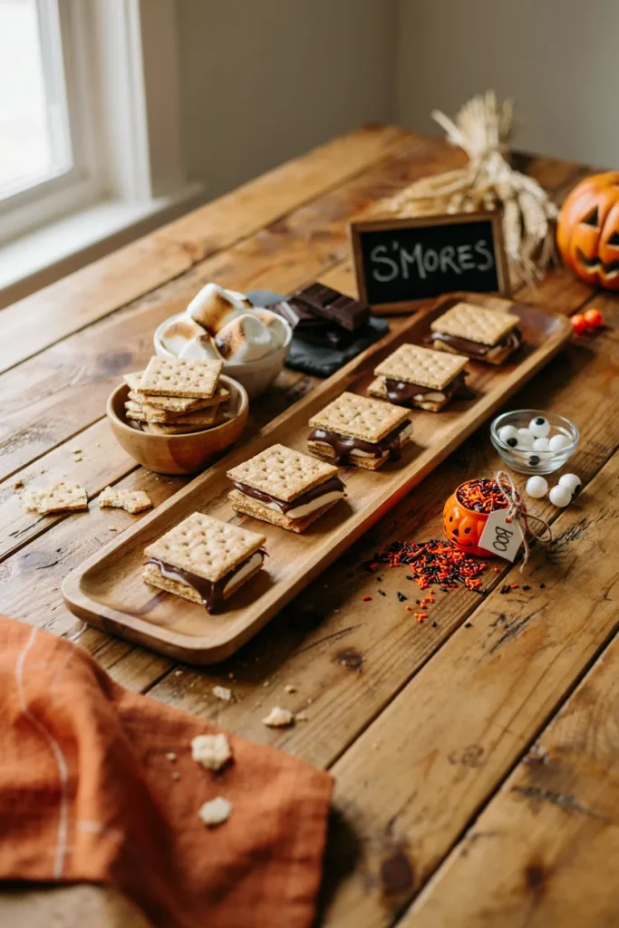 Graham crackers, chocolate squares, marshmallows, and a bowl of candy eyeballs set up on a divided snack tray