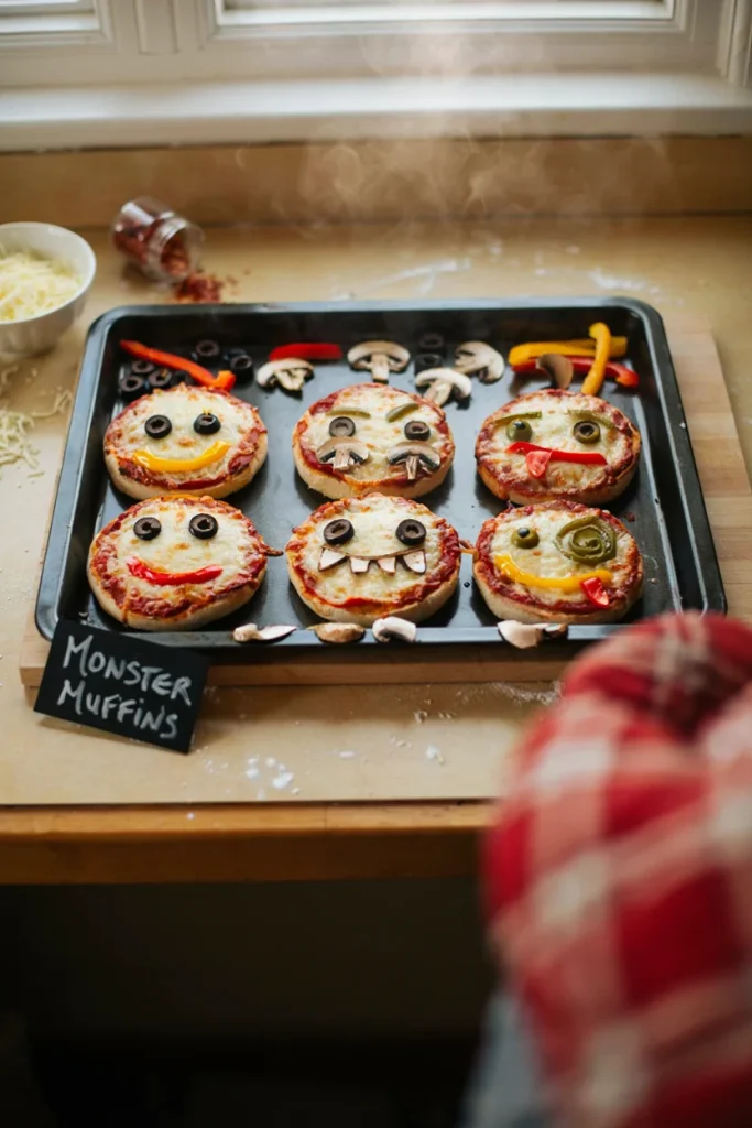 English muffin mini pizzas topped with olive and pepper faces, fresh out of the oven
