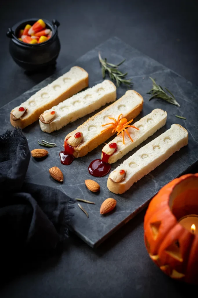 PB&J sandwiches cut into finger shapes with a sliced almond 'nail' and red icing at the tip