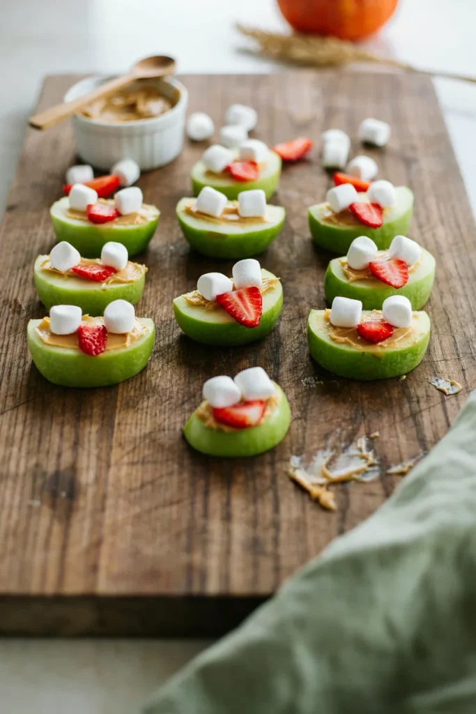 Apple slices sandwiched with sunflower butter and mini marshmallow teeth, with a strawberry tongue