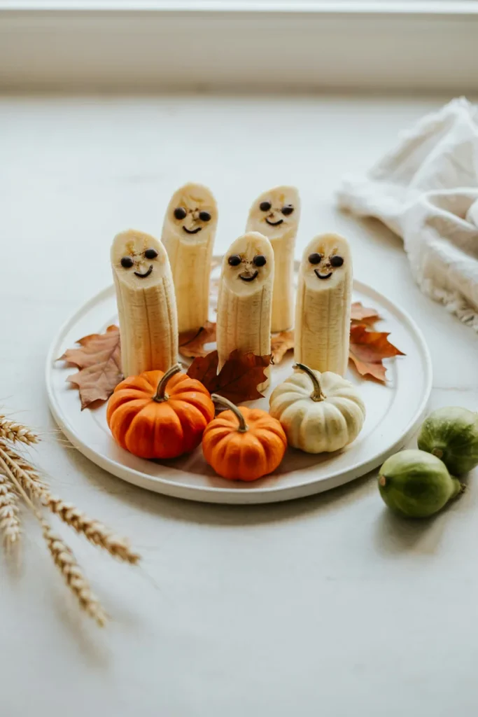 Banana halves standing upright with chocolate chip faces on a popsicle stick