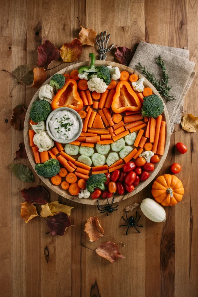 Round veggie platter arranged in a pumpkin shape with carrots, cucumber slices, and a bell pepper stem