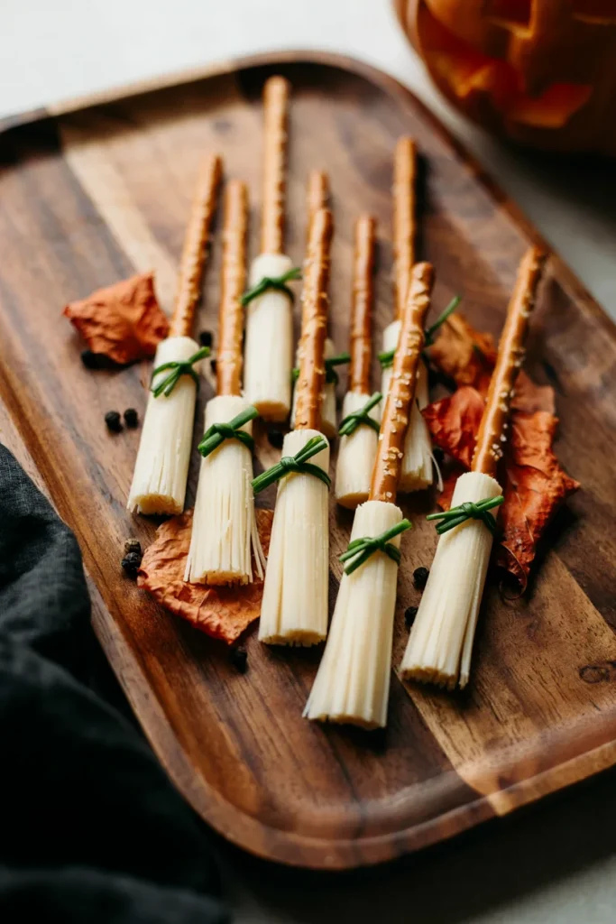 String cheese sliced and fringed at one end with a pretzel stick handle, styled like miniature brooms