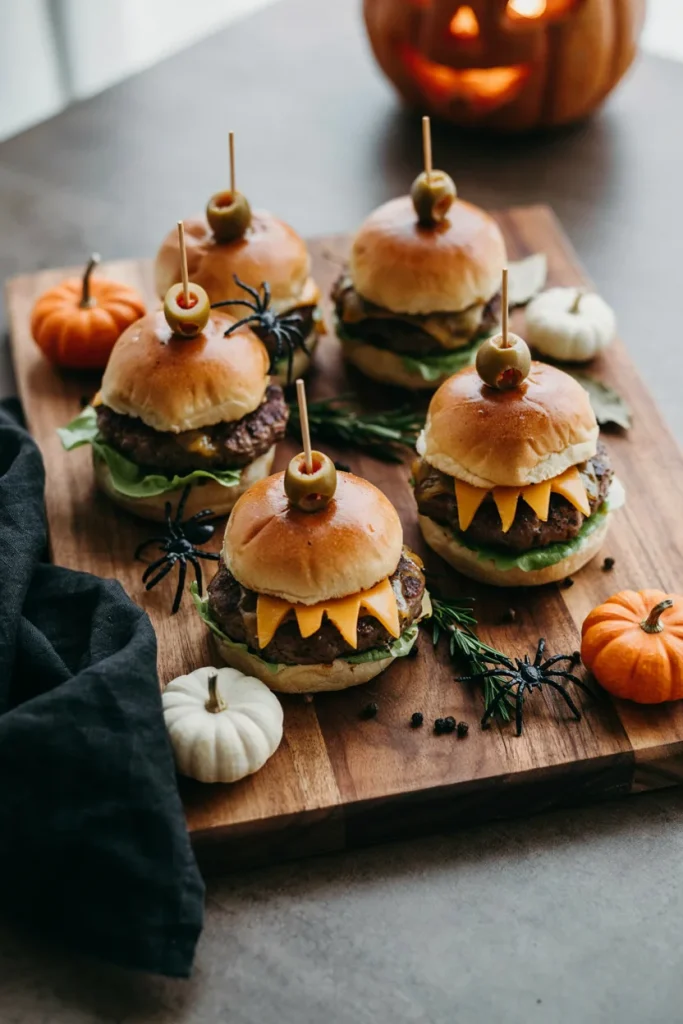 Slider burgers with olive eyes on toothpicks and jagged cheddar cheese 'teeth'