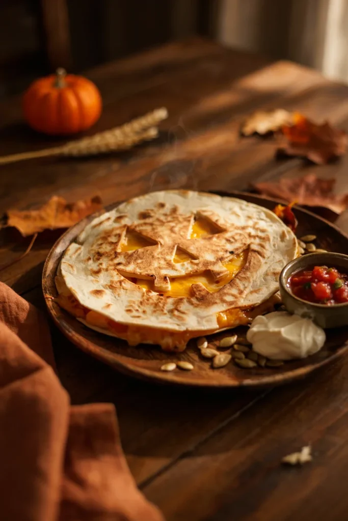 Grilled tortilla quesadilla with a pumpkin face cut out, melted cheese visible through the openings, served with salsa