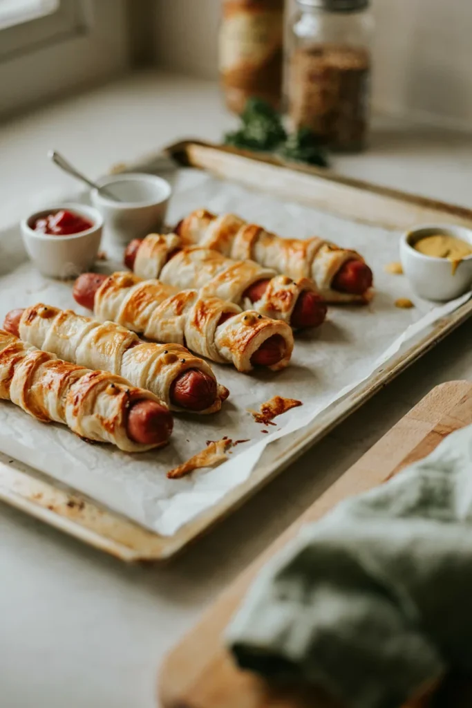 Hot dogs wrapped in golden-baked crescent dough strips with mustard dot eyes, on a parchment-lined sheet pan