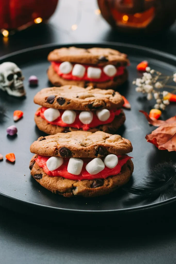 Chocolate chip cookie sandwiches with red icing 'gums' and mini marshmallow teeth
