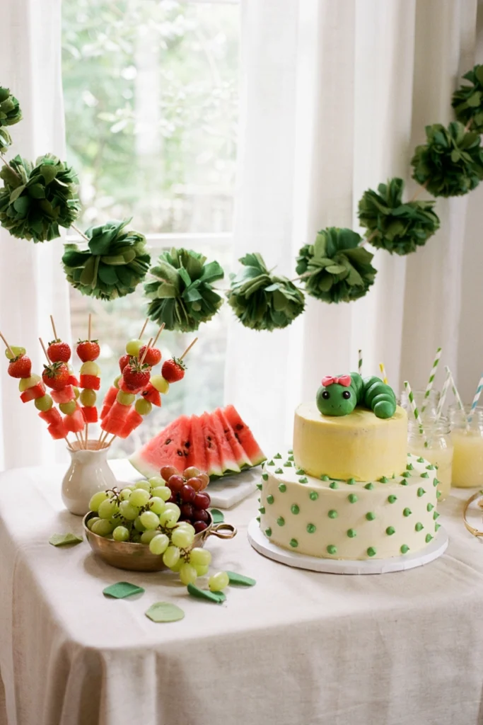 Very Hungry Caterpillar baby shower dessert table with a green pom-pom caterpillar garland, fresh fruit skewers, and a two-tier caterpillar cake
