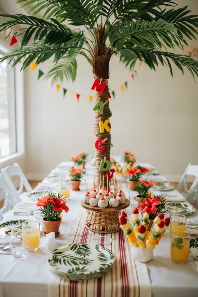 Chicka Chicka Boom Boom baby shower backdrop with a palm tree of felt alphabet letters and coconut cake pops
