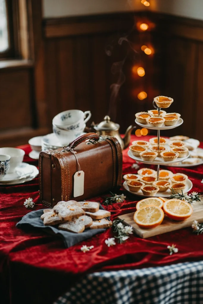 Paddington Bear baby shower dessert table with marmalade tarts, toast-shaped cookies, and a vintage suitcase prop
