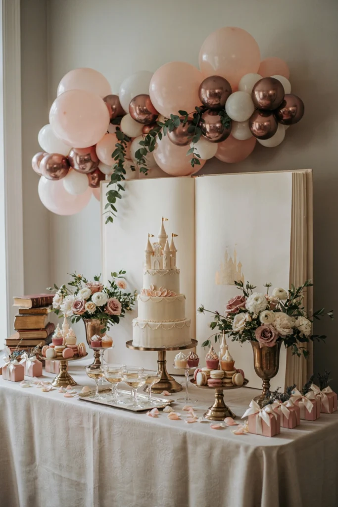 Once Upon a Time fairy tale baby shower backdrop in gold and blush with an oversized open storybook prop