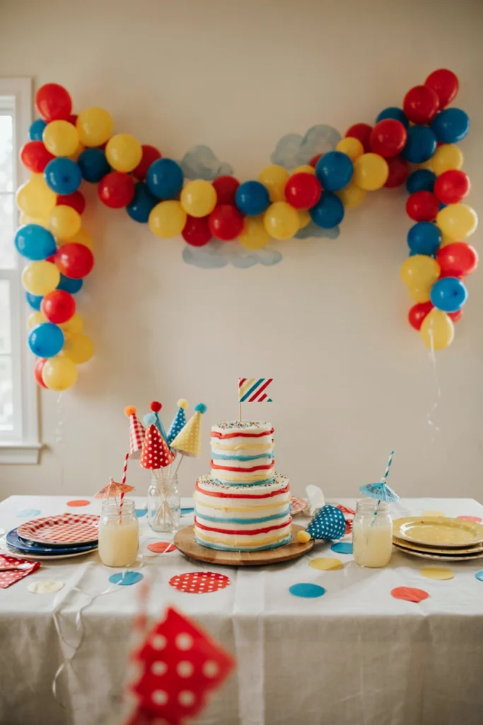 Dr. Seuss themed baby shower table with a striped rainbow balloon garland and polka dot tableware