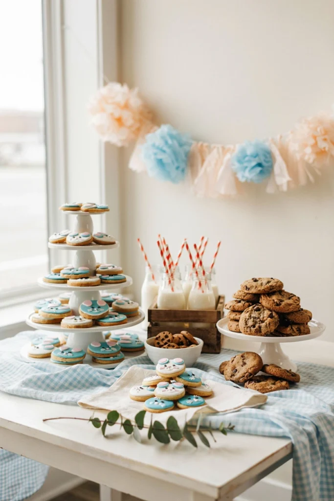 If You Give a Mouse a Cookie baby shower dessert table with cookie towers and striped milk bottles