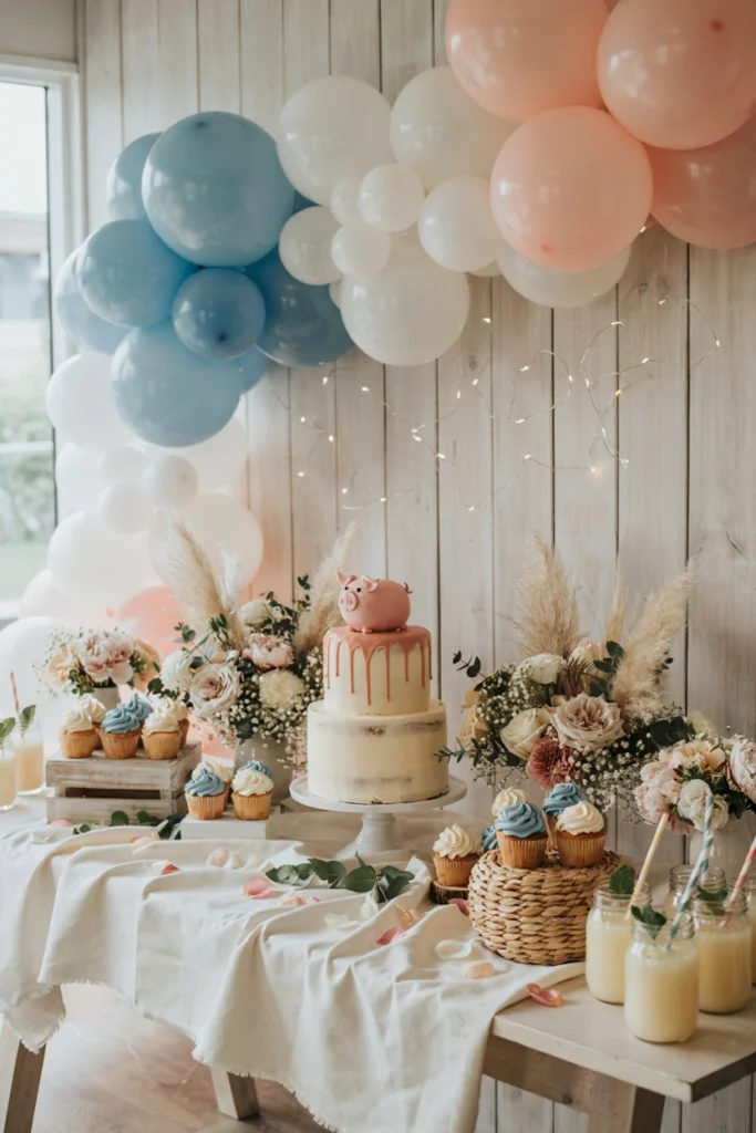 Charlotte's Web baby shower table in rustic barnwood tones with spider web string lights and a Some Pig sign