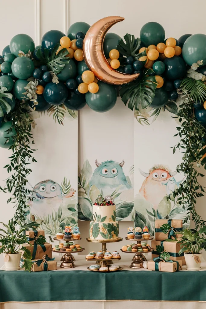 Where the Wild Things Are baby shower backdrop in deep green and navy with paper monster silhouettes and a gold Let the Wild Rumpus Start banner