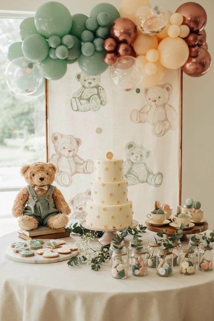Corduroy the Bear baby shower button-sorting station styled like a department store display