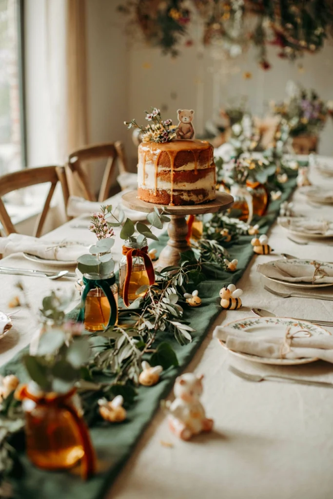 Classic Winnie the Pooh baby shower table in mustard and cream with honey pot centerpieces and hundred acre wood greenery