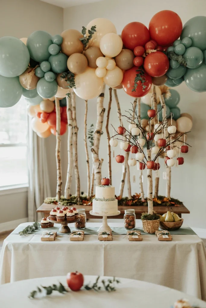 The Giving Tree baby shower backdrop with a rustic paper tree and cardstock apple wishing tags for guests