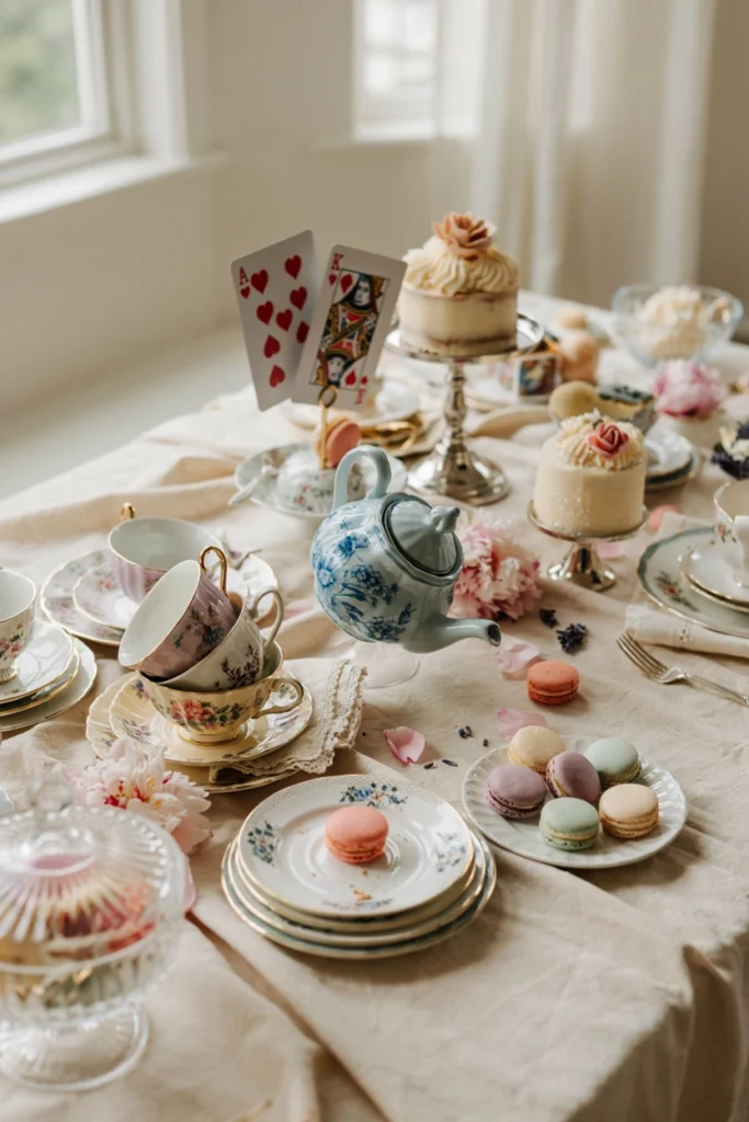 Alice in Wonderland baby shower tea party with mismatched vintage teacups and oversized paper playing cards