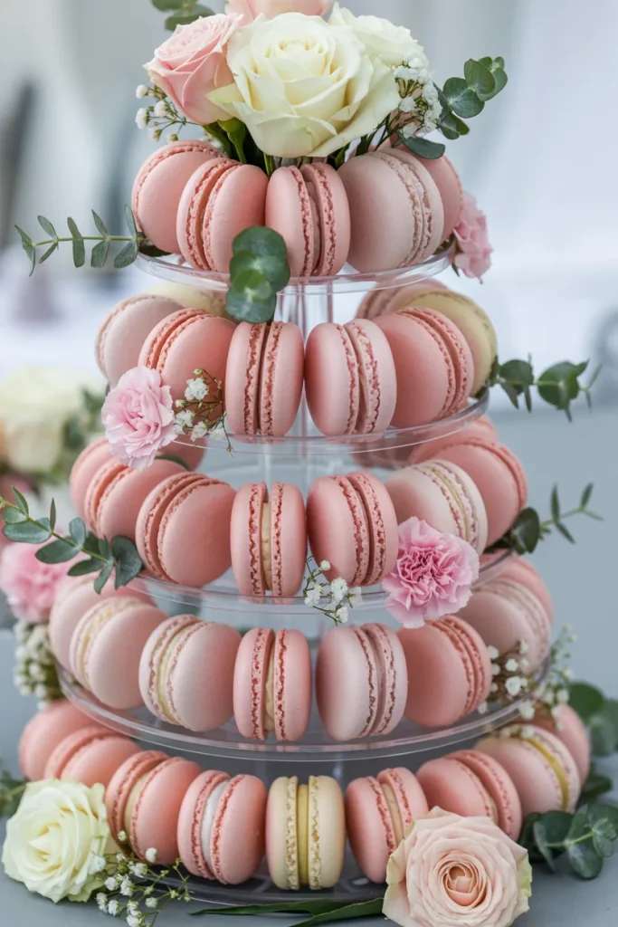 Blush pink macaron tower decorated with fresh roses for an elegant storybook baby shower dessert table