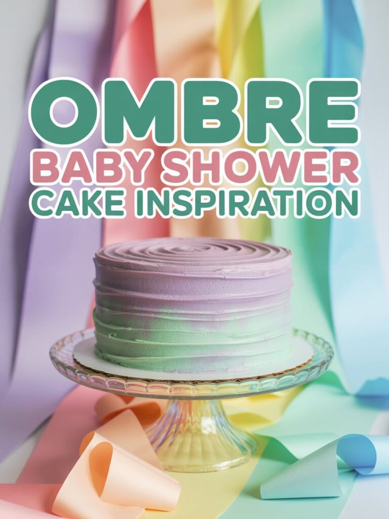 Pastel ombre baby shower cake in lavender and mint tones on a glass cake stand, styled with a rainbow paper backdrop and curled pastel ribbons for a colourful celebration look.