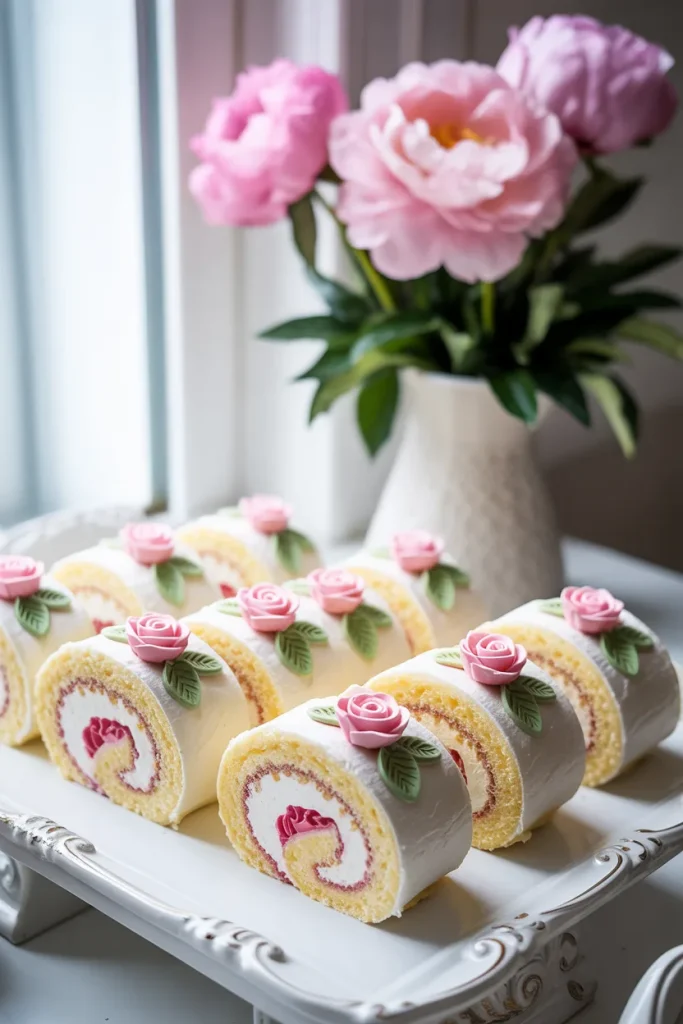 Mini Swiss roll cakes topped with pink buttercream roses for a storybook baby shower dessert table