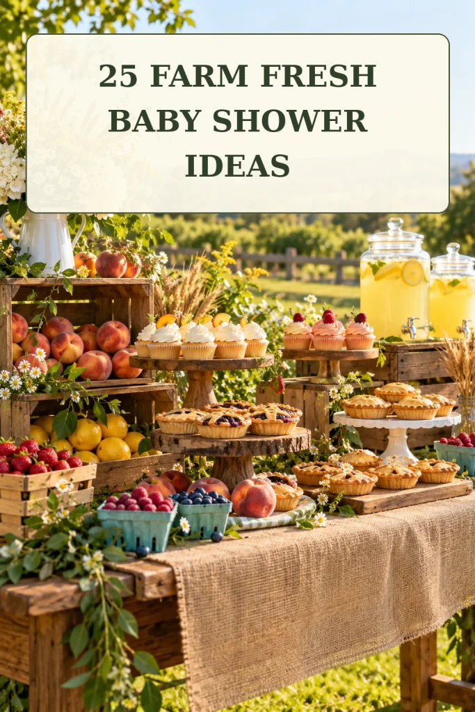 Locally grown baby shower ideas Pinterest pin featuring the farm stand dessert table