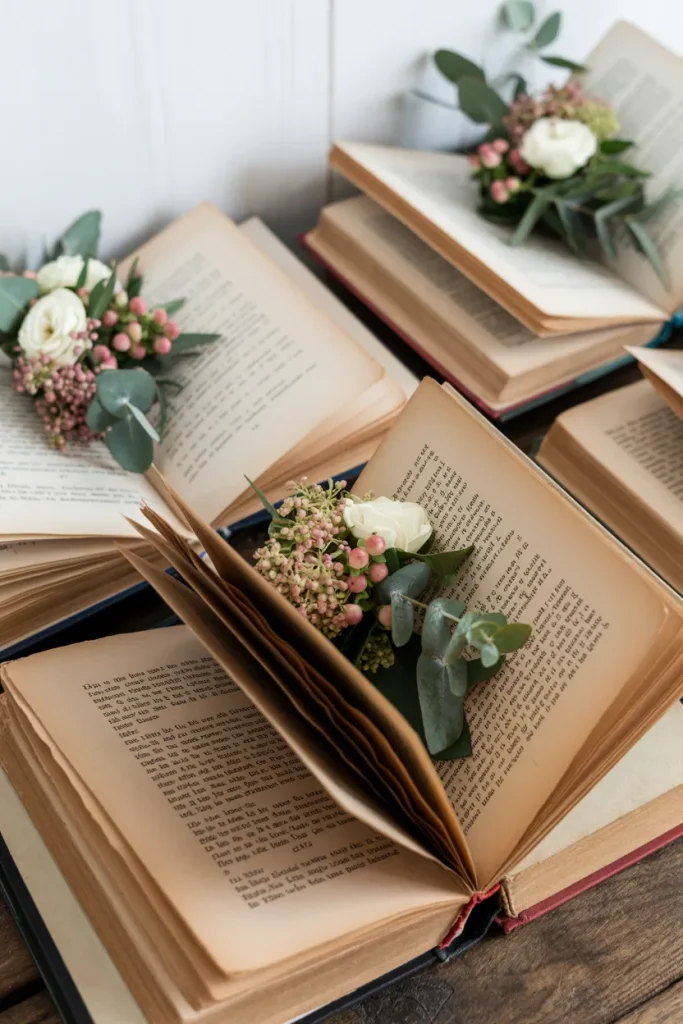 Open vintage books decorated with blush flowers for elegant storybook baby shower table décor
