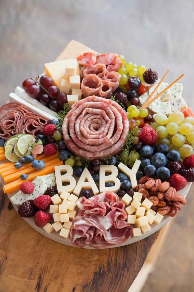 Elegant baby shower charcuterie board featuring assorted cheeses, fruits, and meats arranged around cheese letters spelling “BABY,” perfect for a storybook-themed celebration.